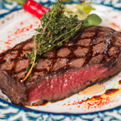 Juicy steak served on a plate with herbs and spices