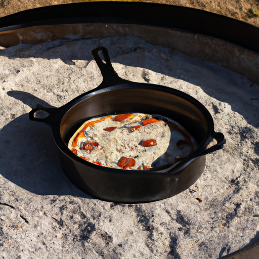 A cast iron Dutch oven placed over a campfire, ready to cook a delicious pizza.